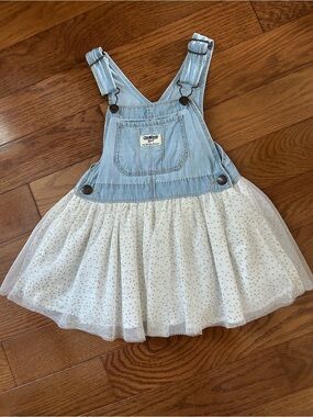 OshKosh B'gosh Light Blue Denim Overall Dress with Gold Sparkle Tulle Skirt 3T